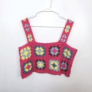 Witty Fox Pink Colorful Crochet Cropped Summer Festival Tank Top Size Medium